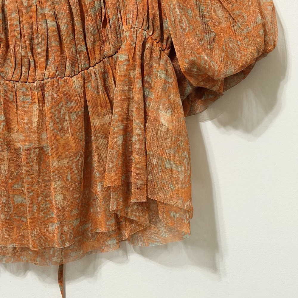 Free People Top XL Penelope Printed Smocked Peplum Top Orange Chiffon Summer NEW - Picture 2 of 10
